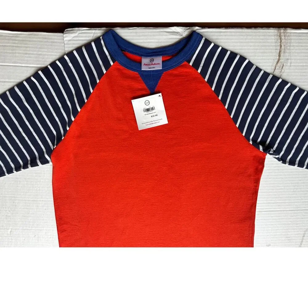 NWT Hanna Andersson Boys 160/US14 Baseball Tee OrangeNavy Stripe RaglanSupersoft